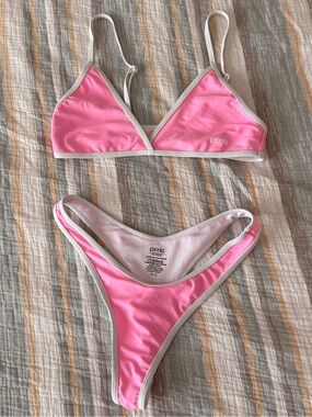 Boutine LA Pink Triangle Bikini Set with White Trim